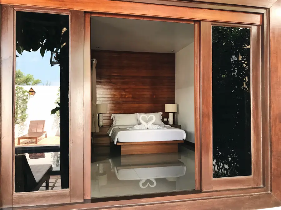 Deluxe Room window onto pool courtyard